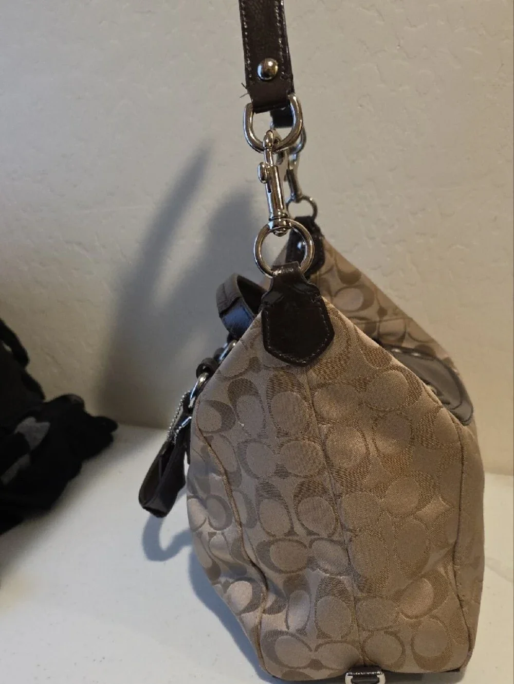 Coach Tan Signature Satchel with Dark Brown Patent Trim
